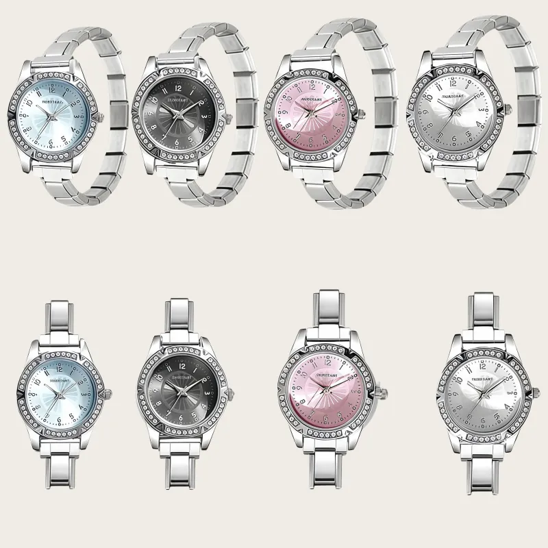 Women Fashion Small Dial Quartz Watch Rhinestone Encrusted Bezel Stainless Steel Modular Bracelet Sunray Pattern Dress Watch