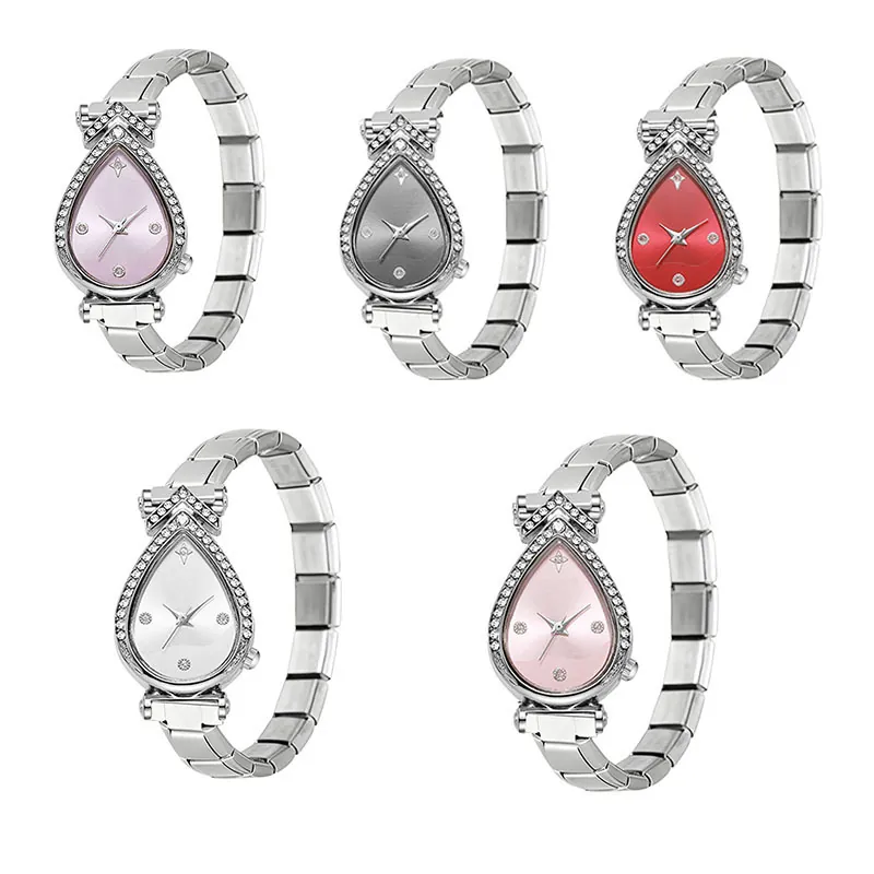 Reloj de Cuarzo de Lágrima de Moda para Mujer Correa Modular de Acero Inoxidable Cabeza de Reloj Desmontable DIY Aleación de Plata con Strass