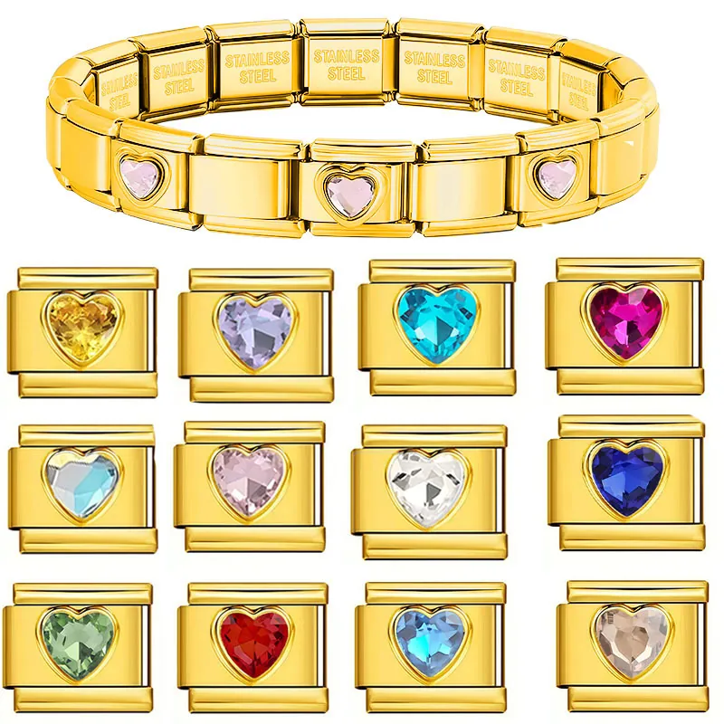 Italienischer Stil Edelstahl Modulares Armbandglied Herz Geburtsstein Gestanzt Stretch Charm Für DIY Schmuckherstellung Damen Unisex