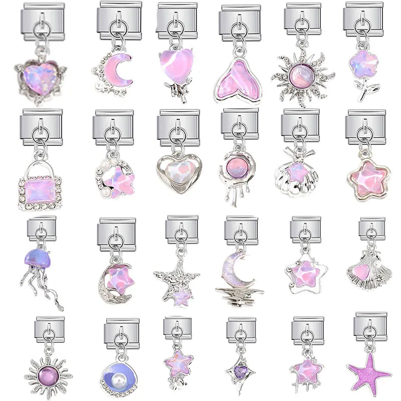 Legierung Italienischer Modularer Charm Pink Kristall Blume Mond Herz Anhänger Für DIY Armband Uhr Strass Schmuck Für Damen