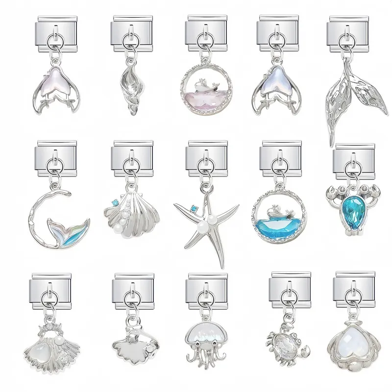 Dije Italiano de Acero Inoxidable Animales Marinos Concha Caballito de Mar Cola de Sirena Diamante de Imitación Perla Artificial para Pulsera DIY Accesorio Joyería