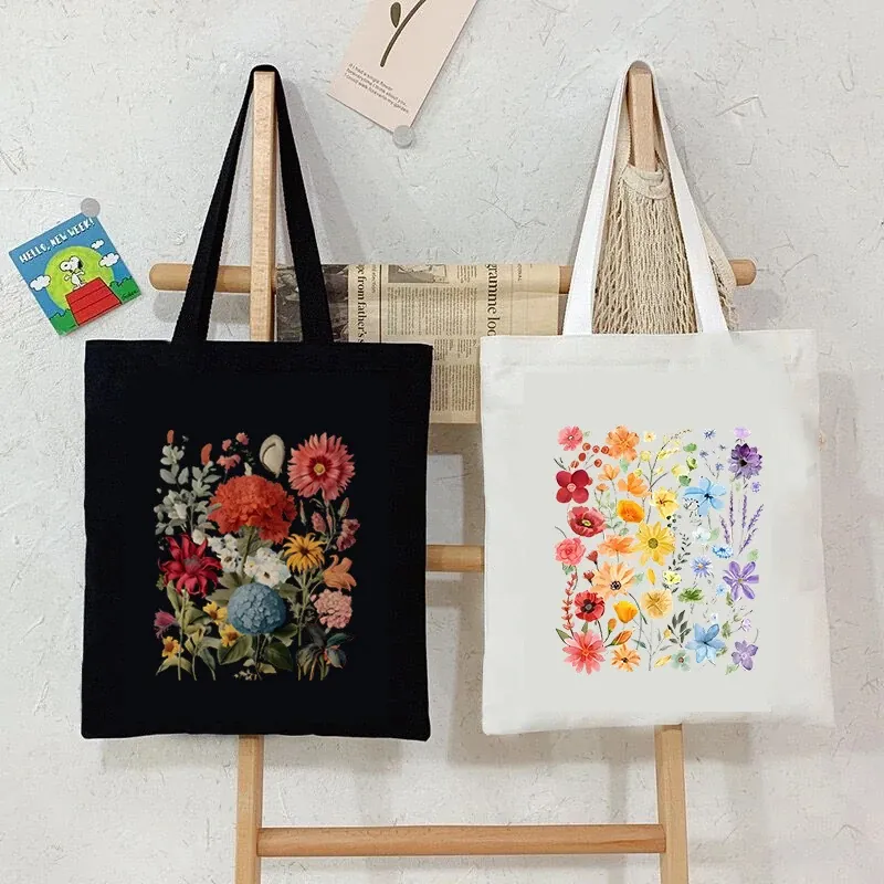 Floral Printed Canvas Tote Bag For Women Eco Friendly Reusable Cotton Shoulder Shopping Bag Aesthetic Casual Handbag Gift