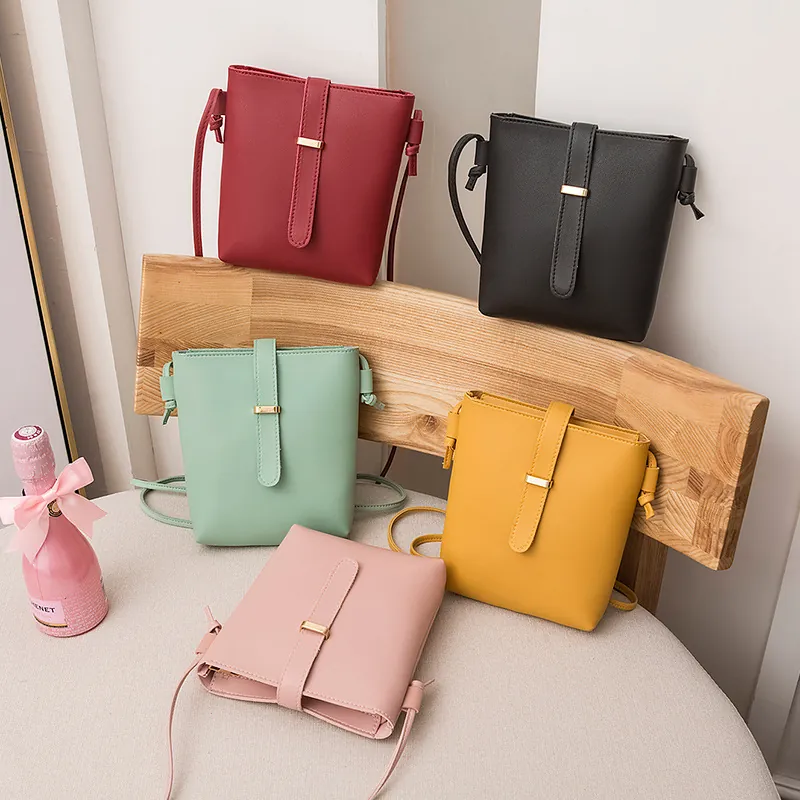 Simple Women Mini PU Leather Bucket Crossbody Bag Small Drawstring Shoulder Phone Bag Casual Plain Solid Color Purse