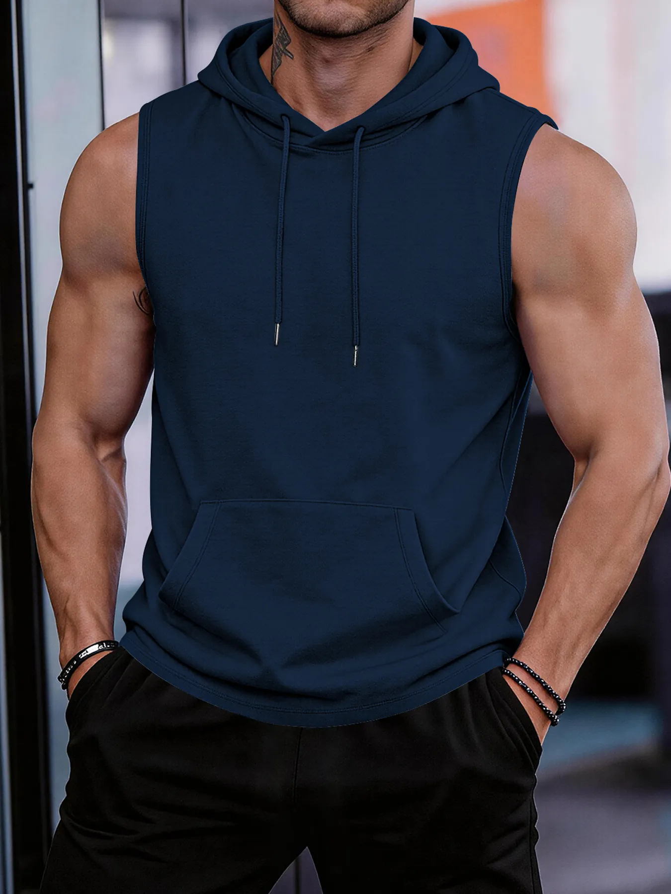 Men's Quick Dry Sleeveless Hoodie Fitness Muscle Tank Top With Kangaroo Pocket Solid Color Gym Workout Training Vest