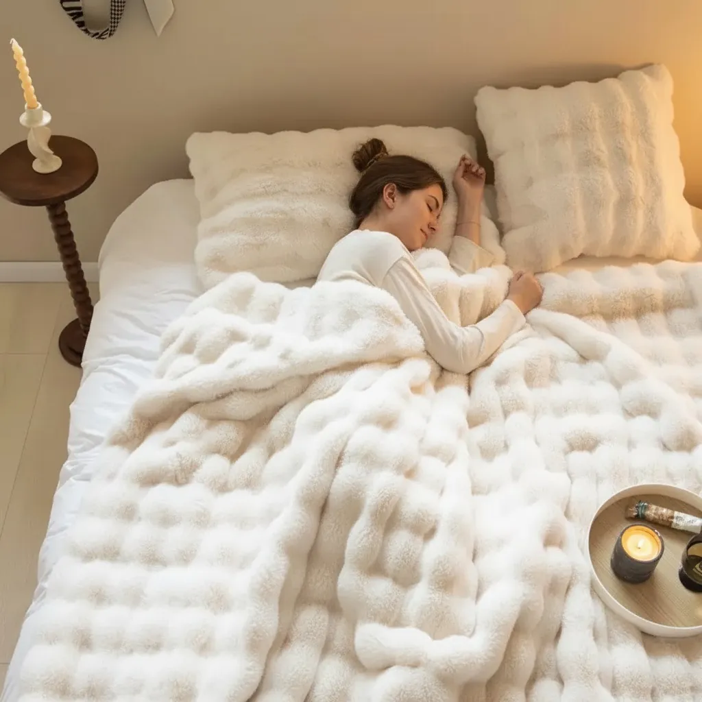 Couverture à Bulles en Fausse Fourrure Chaude Épaissie Nordique Jeté en Peluche Douce pour Canapé Lit Couleur Unie Décorative