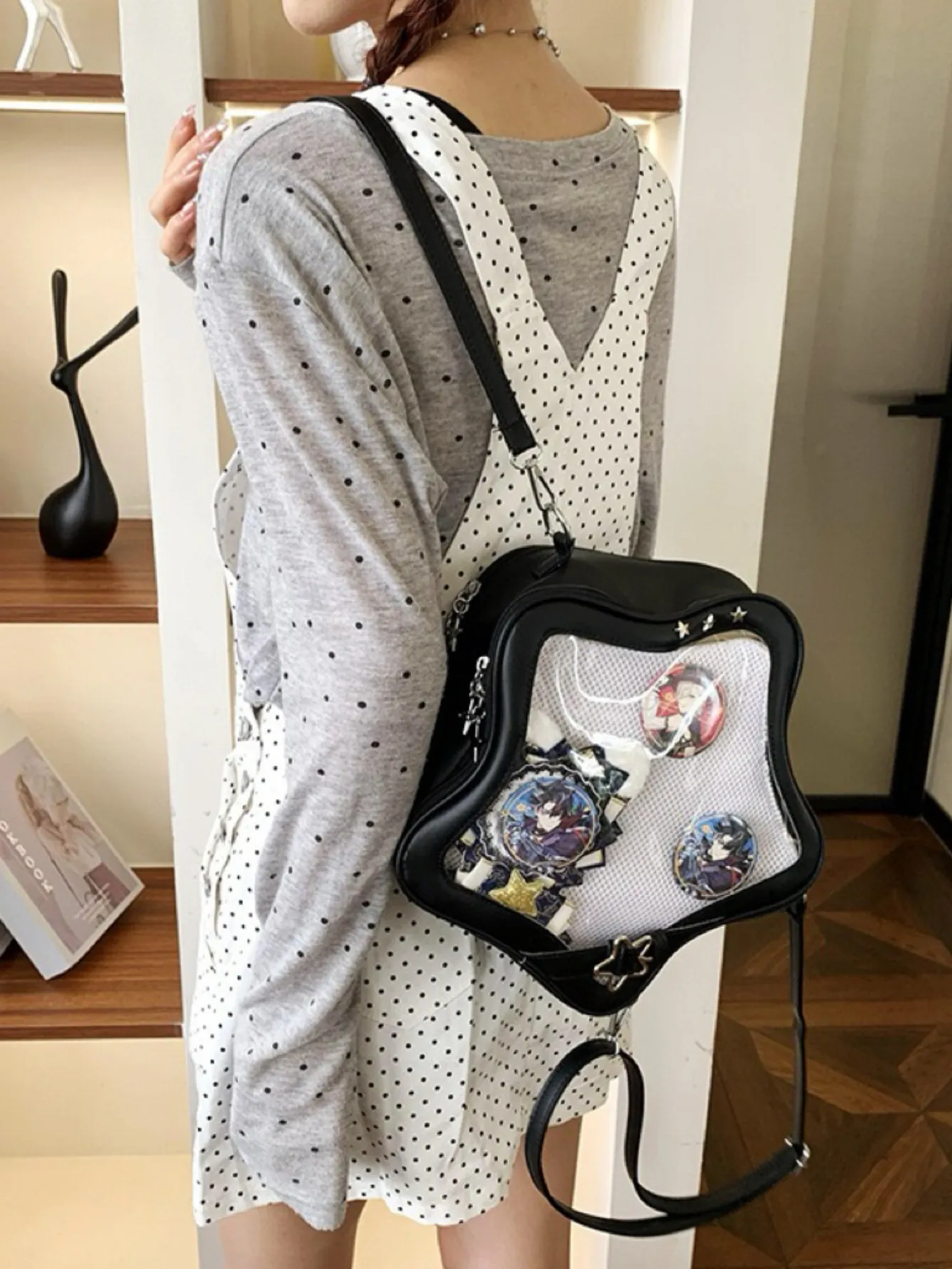 Kawaii Sternförmige Ita Tasche Transparentes Fenster PU Leder Rucksack Für Damen Mädchen Harajuku Student Schultasche Lässiger Rucksack