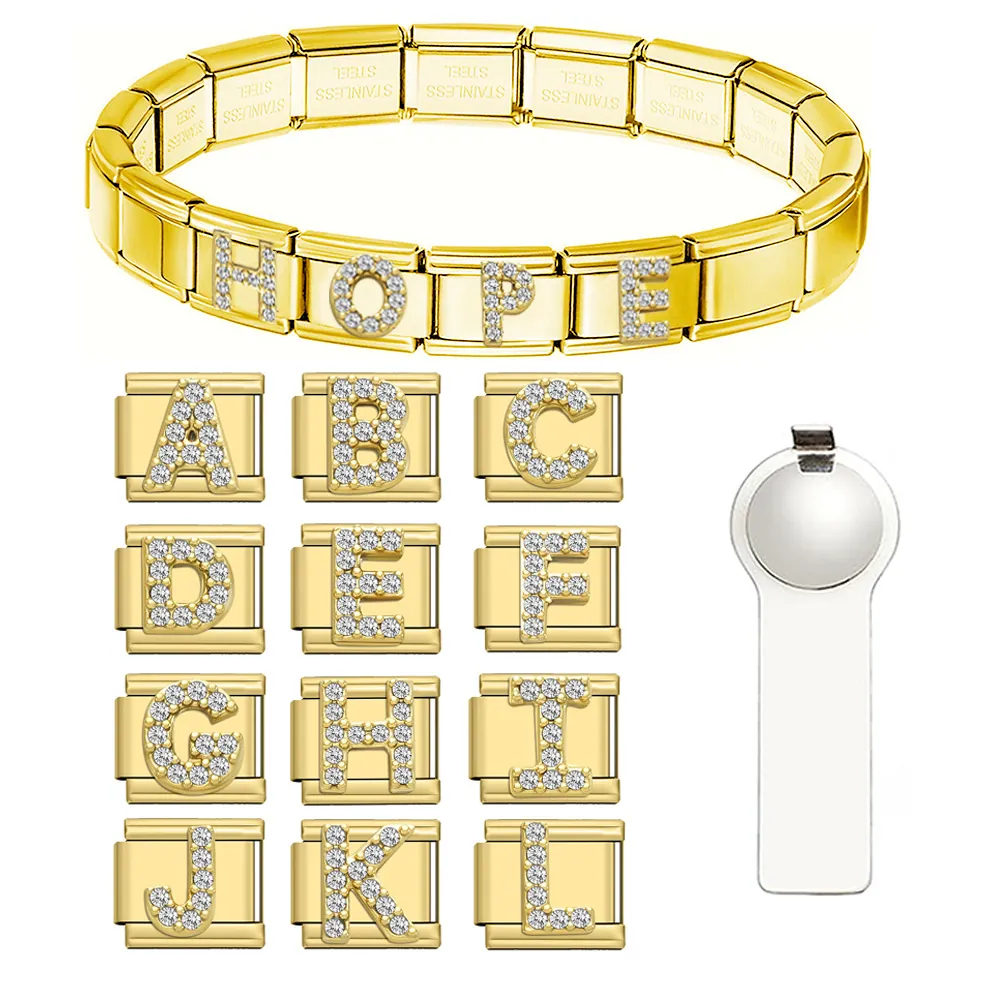 Stainless Steel Italian Charm Alphabet Letter A-Z Rhinestone DIY Modular Bracelet Personalized Jewelry Charm Link For Women Men