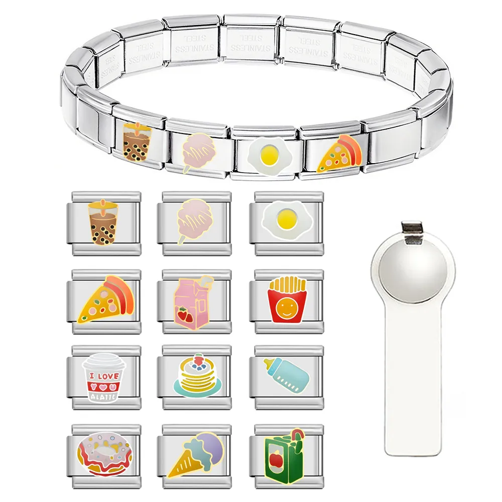 Maglia per Bracciale Italian Modular Charm DIY Acciaio Inossidabile Gioielli Personalizzati Tema Snack Bubble Tea Pizza Patatine