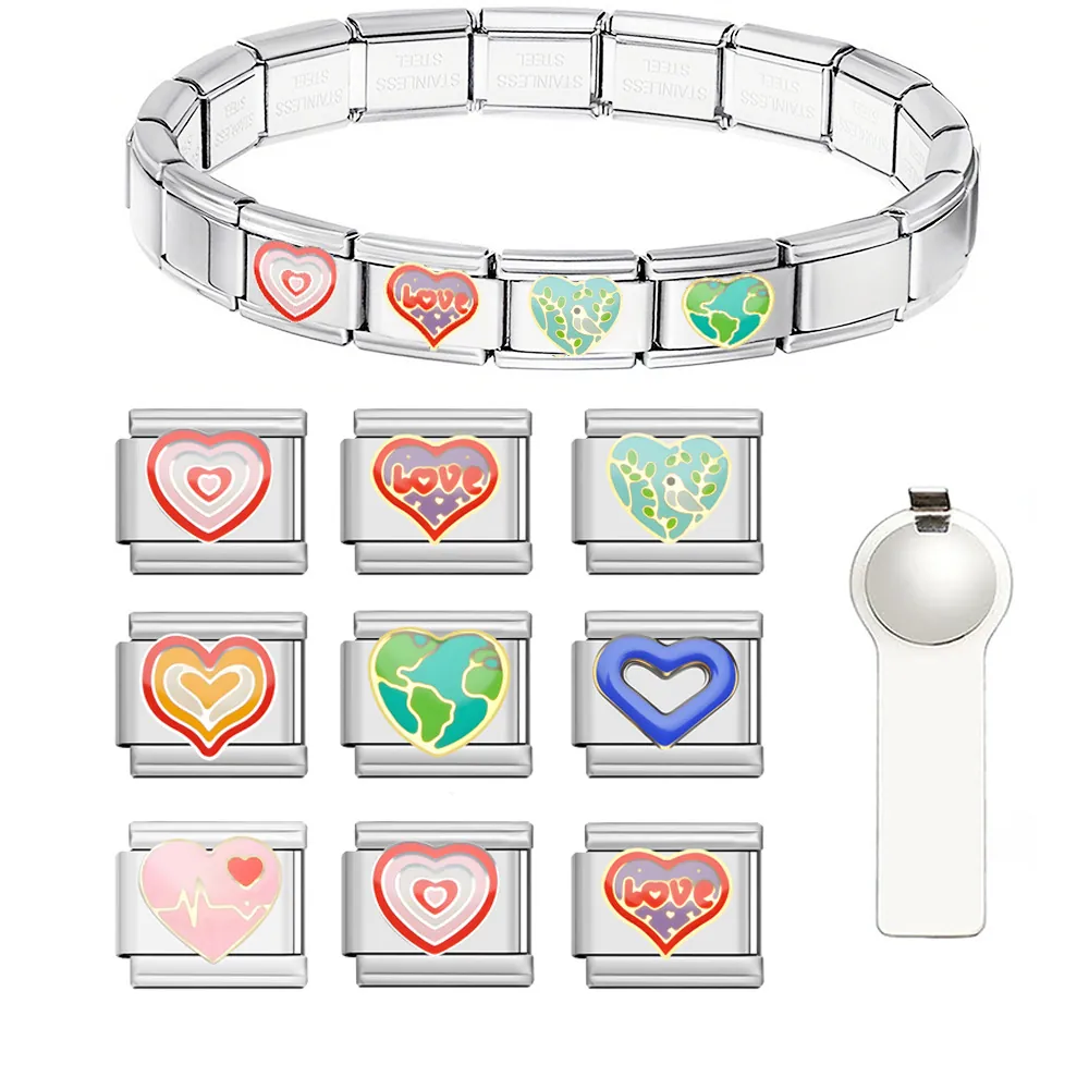 Stainless Steel Italian Modular Charm Heart Love Bird Earth Drip Oil Enamel Fashion DIY Link Bracelet Accessory
