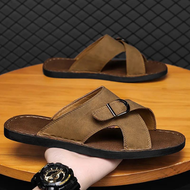 Men's Casual Beach Sandals Fashion Leather Cross Strap Slides With Metal Buckle Anti-Slip Soft Sole Outdoor Summer Flip Flops
