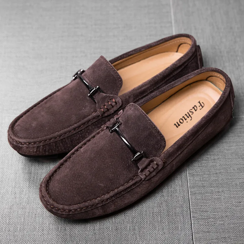 Men Suede Loafers British Style Metal Bit Loafers Casual Driving Shoes Slip On Flat Moccasins Men Business Office Daily Shoes