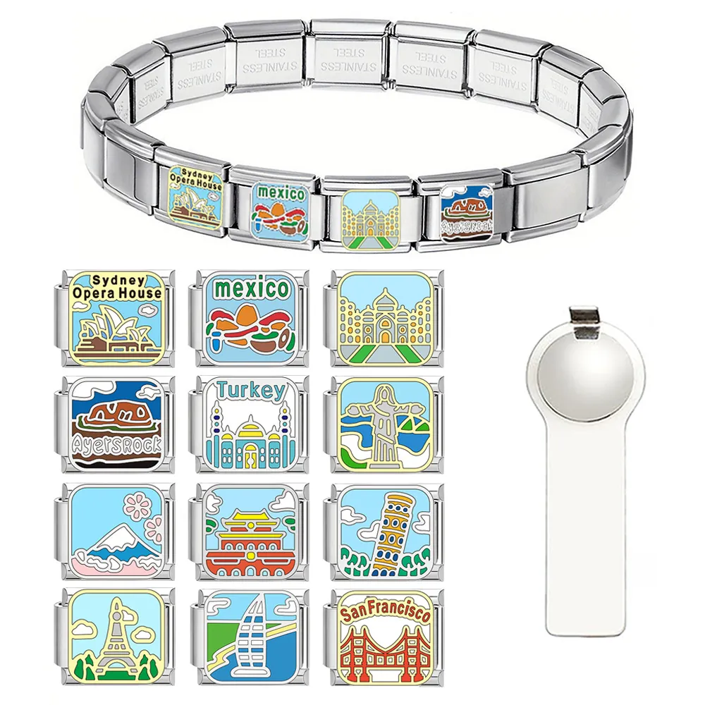 Stainless Steel Italian Modular Charms Bracelet Links For DIY Customizable Jewelry Personalized City Landmark Landscapes Travel Souvenir Charms