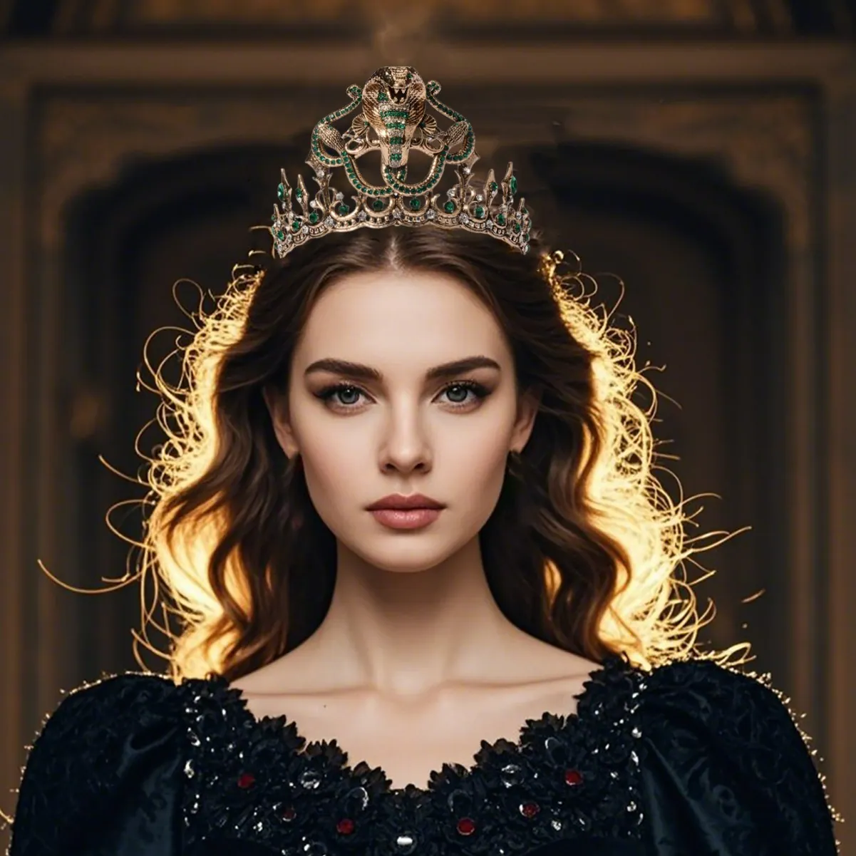 Gothic Antiek Goud Cobra Slang Kroon Tiara Barok Groen Strass Hoofdsieraad Voor Vrouwen Koningin Feest Cosplay Sieraden