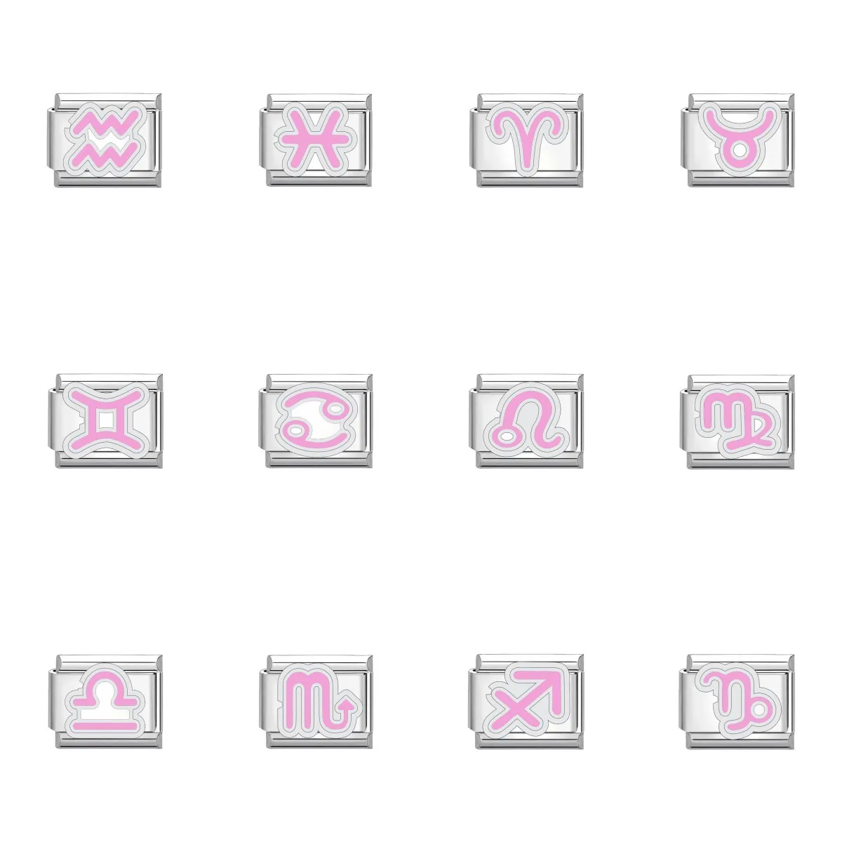 Modulo per Bracciale Italian Charm in Acciaio Inossidabile Rosa con Segno Zodiacale Componente Fai-da-te Smaltato Gioielli Zodiaco