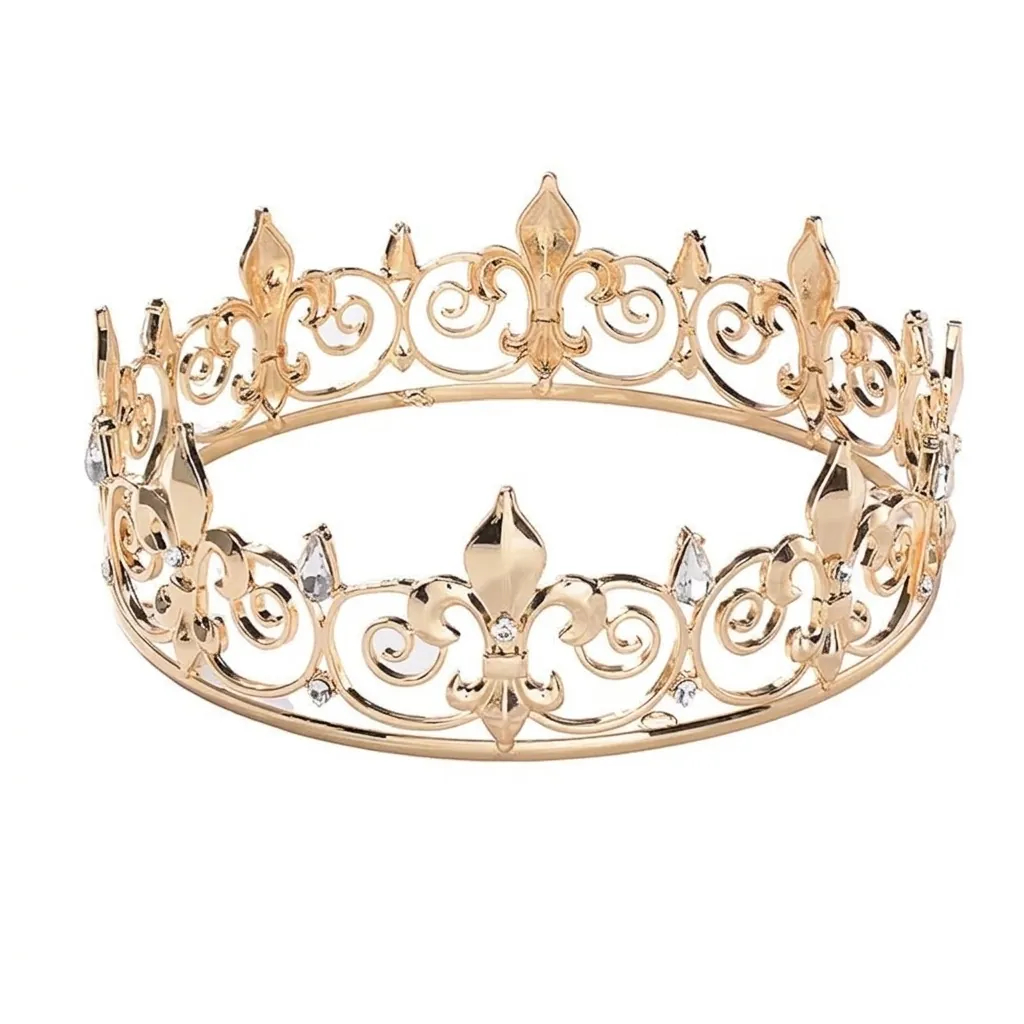 Corona de Rey Barroca Oro Flor de Lis para Hombre Vintage Aleación Diamante de Imitación Diadema Redonda para Boda Cumpleaños Fiesta Actuación Disfraz Tocado