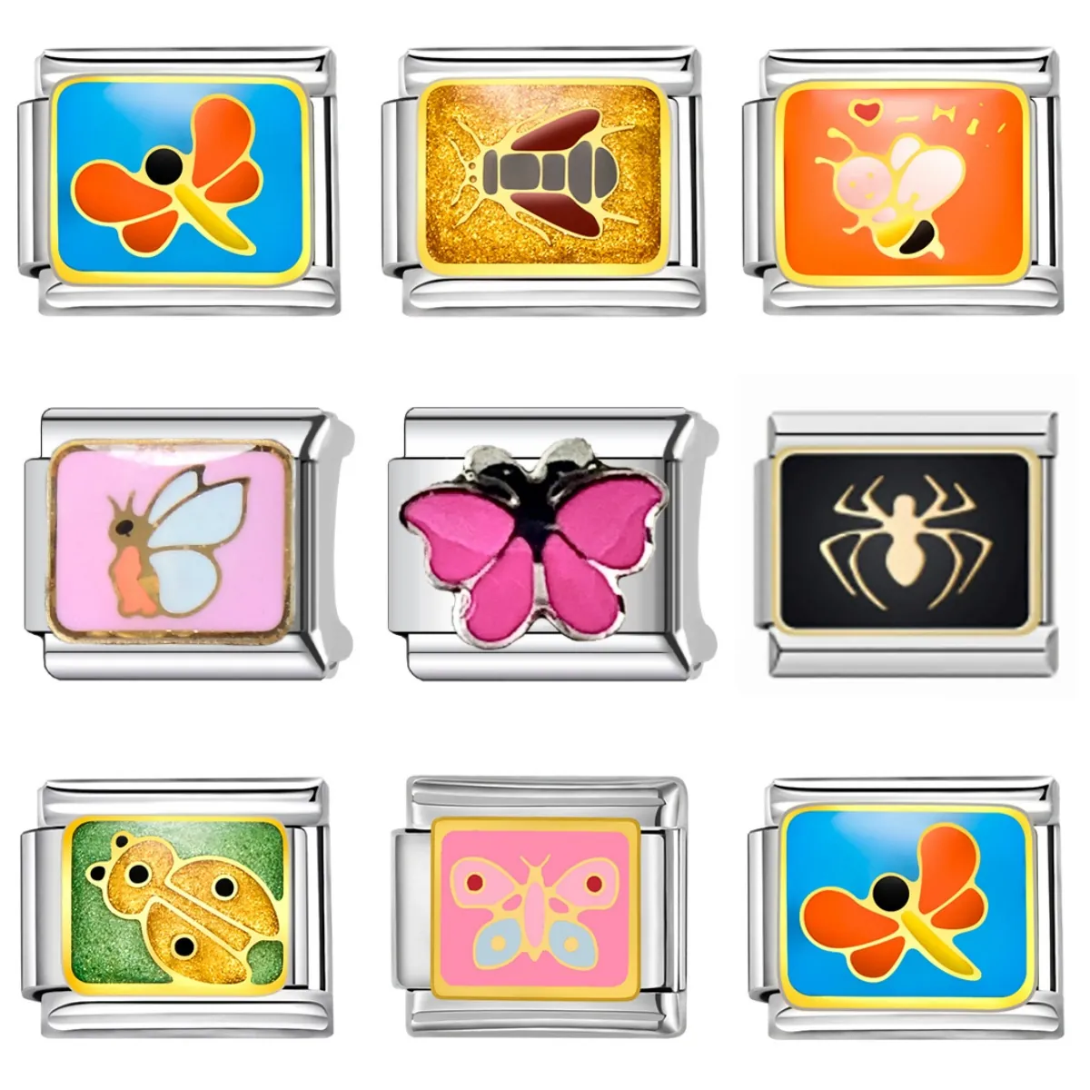 Stainless Steel Italian Modular Bracelet Link Charm Insect Bee Butterfly Spider DIY Enamel Jewelry Connection For Women Men