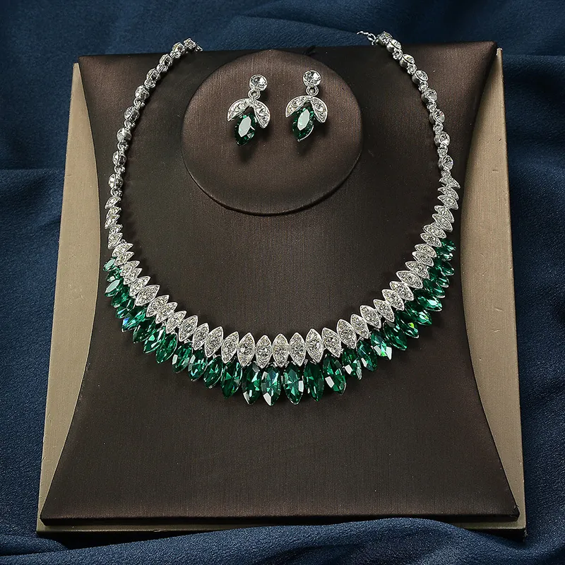 Luxurious Alloy Glass Rhinestone Bridal Jewelry Set Marquise Cut Gemstone Necklace Earrings Set For Wedding Party Women