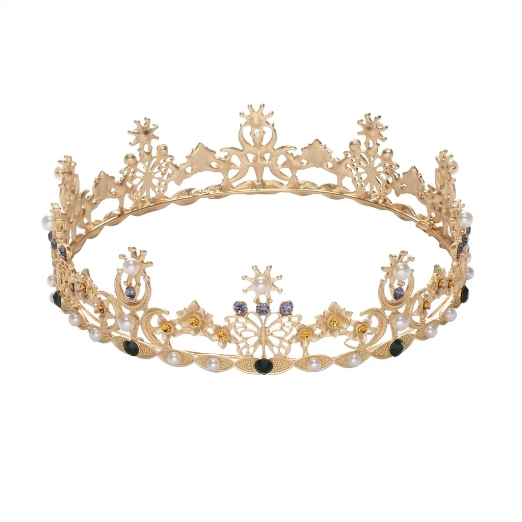 Corona da Regina Barocca Vintage in Lega d'Oro Strass Perla Artificiale Farfalla Foglia Tiara da Sposa Accessori per Capelli Matrimonio