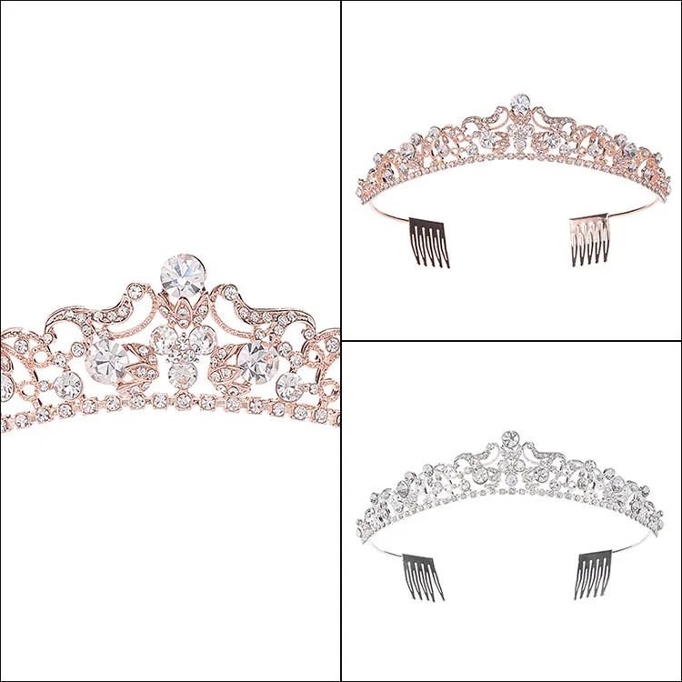 Lussuosa Corona da Sposa in Lega con Strass Vintage Floreale Tiara Nuziale Con Pettini per Capelli Accessori per Foto Donna