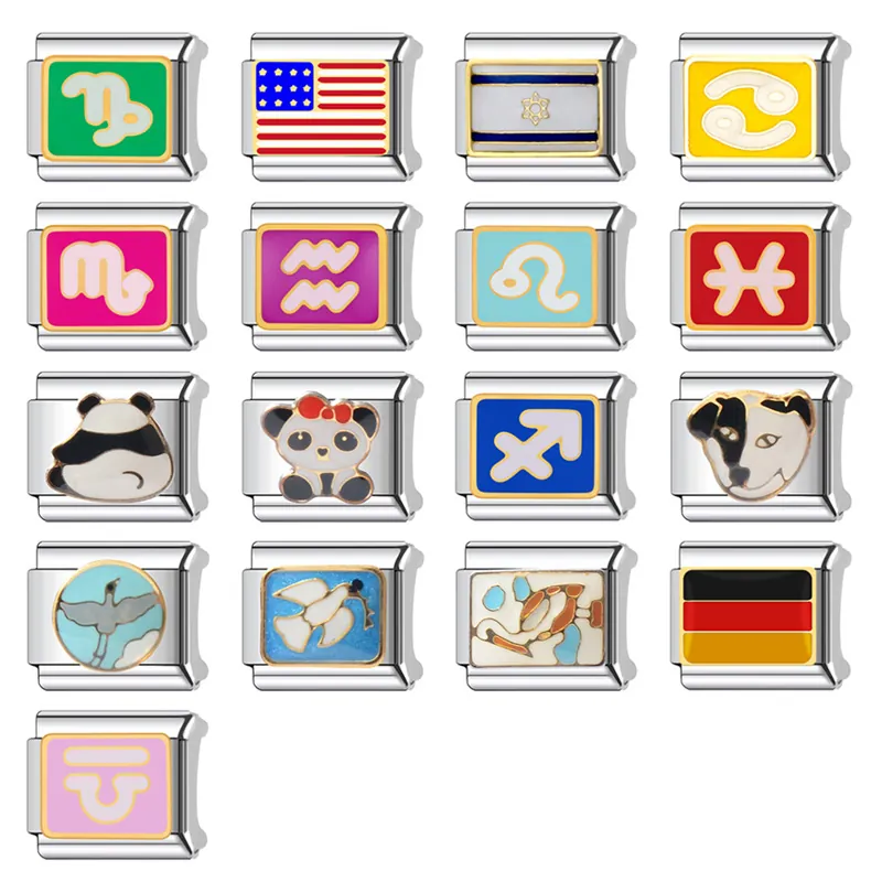 Charms para Pulsera Modular Italiana de Acero Inoxidable DIY Eslabones Tiburón Pingüino Constelación Bandera para Mujeres Hombres Joyería Hecha a Mano