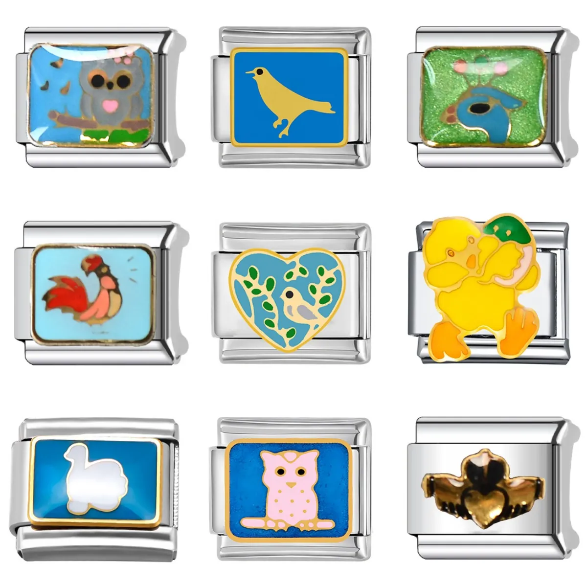 Italian Charm Link Stainless Steel DIY Bracelet Accessory Cartoon Animal Bird Owl Enamel Jewelry For Women Men