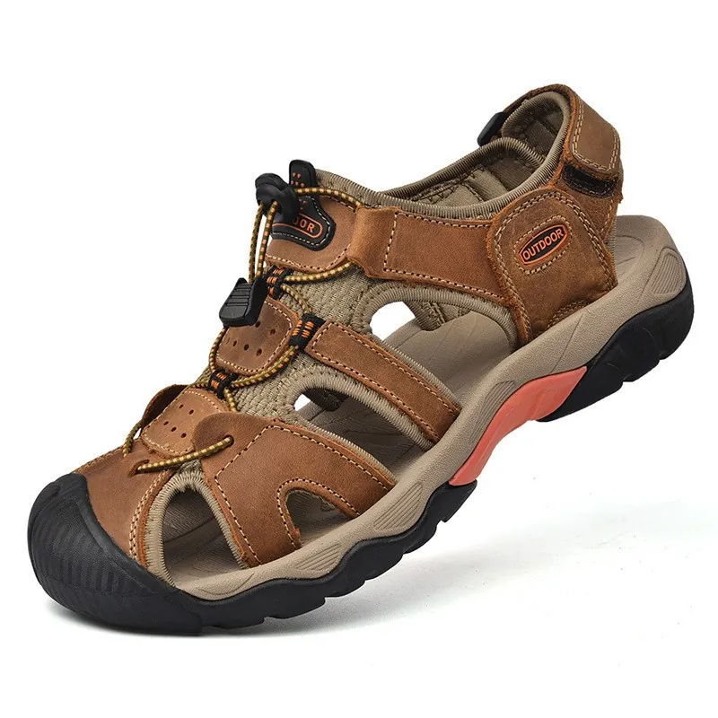 Men's First Layer Cowhide Outdoor Sandals Closed Toe Anti-collision Summer Beach Hiking Shoes Casual Non-slip Sport Sandals