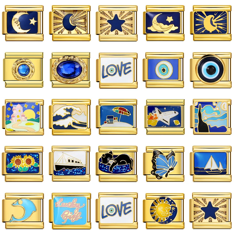Italian Modular Bracelet Charm Gold Plated Stainless Steel Blue Enamel Star Moon Evil Eye DIY Jewelry Link Accessory