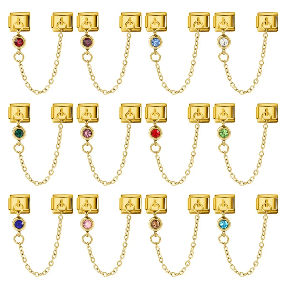 Italian Modular Bracelet DIY Link 12 Birthstone Stainless Steel Gold Plated Hook Pendant Safety Chain Jewelry Accessory