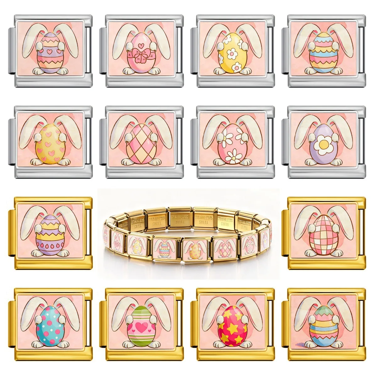 Easter Bunny Egg Pattern Italian Charm Link Stainless Steel Modular Bracelet DIY Jewelry Handmade Festival Gift For Women Men