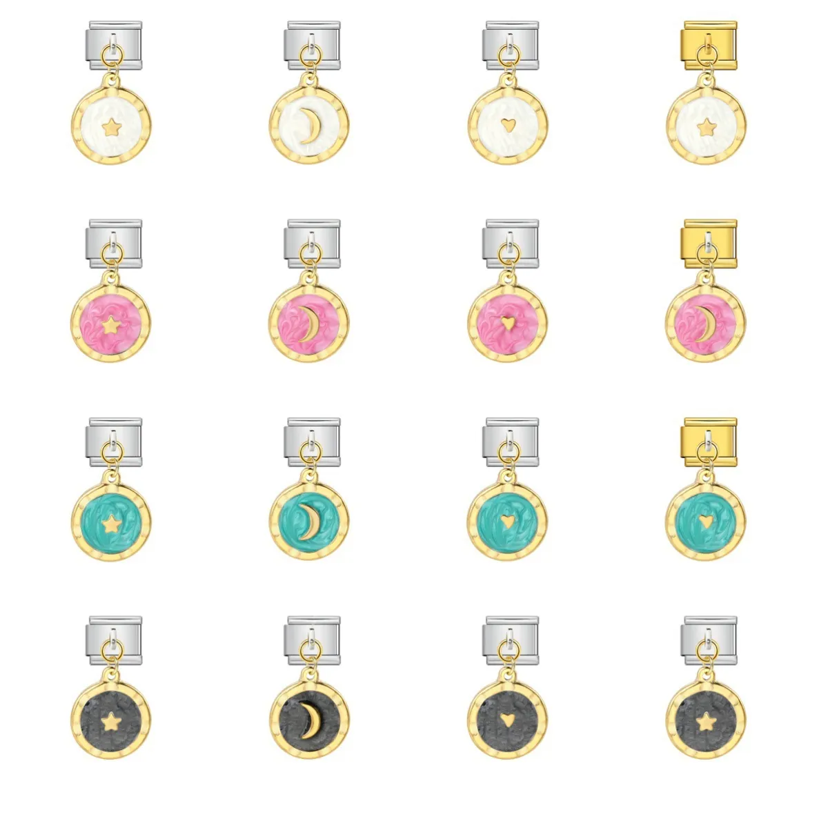 Pendentif Rond Module Italian Charm en Acier Inoxydable Cœur Étoile Lune Émail DIY Maillons de Bracelet Modulaire Bijoux Femme