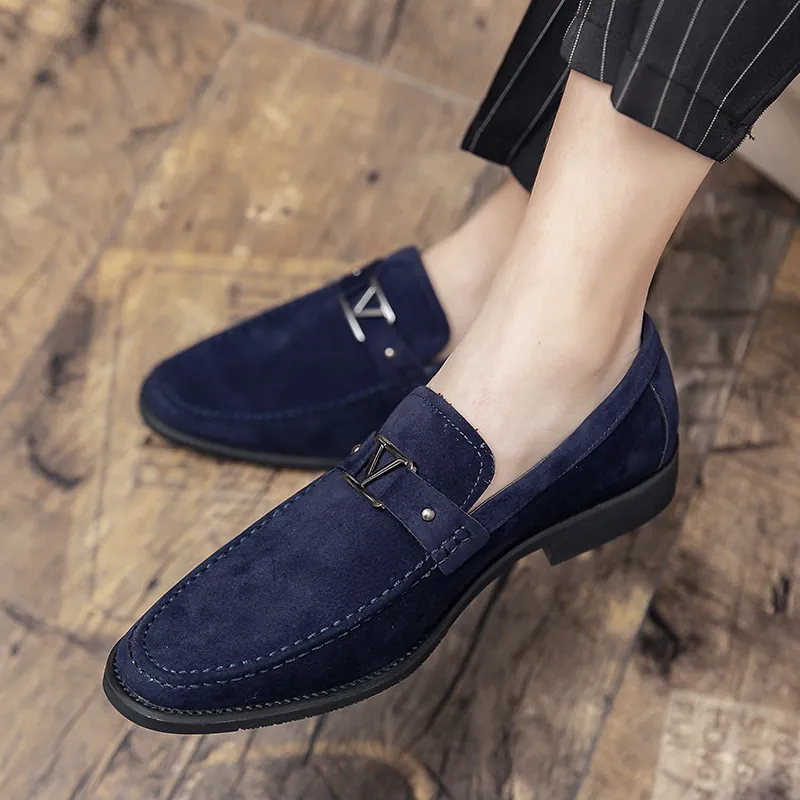 Men Suede Leather Loafers Pointed Toe Metal Buckle Slip-on Shoes Business Casual Office Formal Loafers For Comfortable Daily Wear