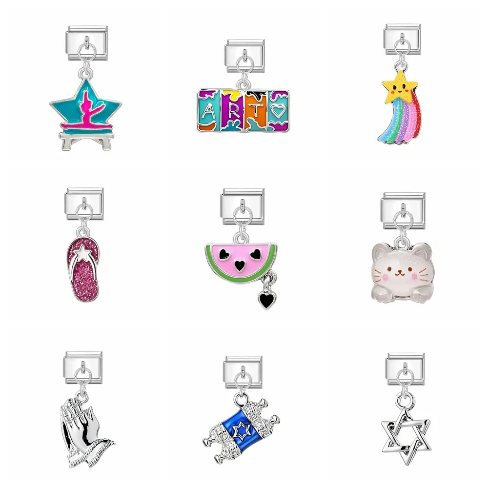 Italian Style Modular Stainless Steel Charm Pendant DIY Enamel Link For Jewelry Bracelet Assembly Summer Slipper Star Cat Watermelon Heart Charms