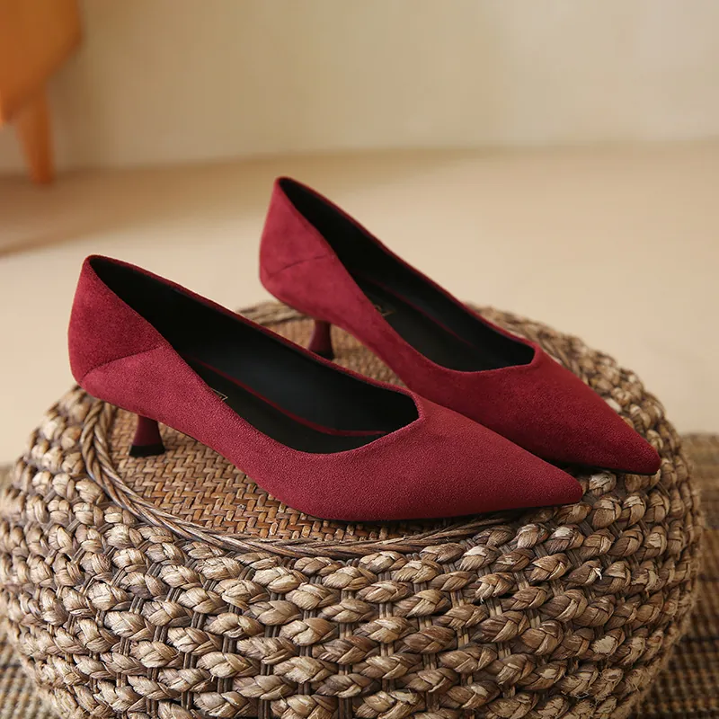 Women's Suede Pointed Toe Pumps Elegant Kitten Heel Leopard Print Shallow Mouth Shoes Black Wine Red Casual Office High Heels
