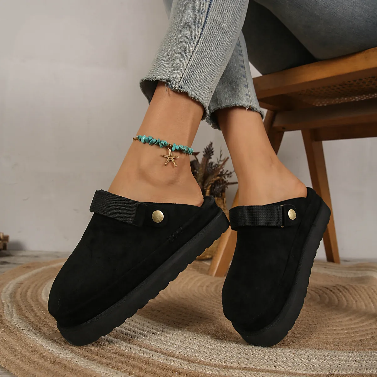 Chaussons Clogs en Daim à Plateforme pour Femmes Semelle Epaisse Mules Décontractées à Bout Rond Sandales d'Extérieur Chaussures Confortables