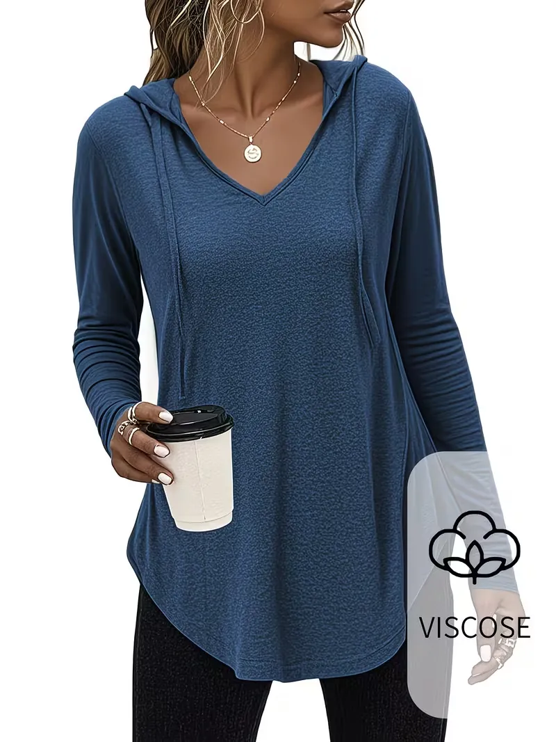 Dames Casual Viscose T-Shirt met Capuchon en Lange Mouwen Effen Kleur V-hals Top met Ronde Zoom voor Herfst en Winter