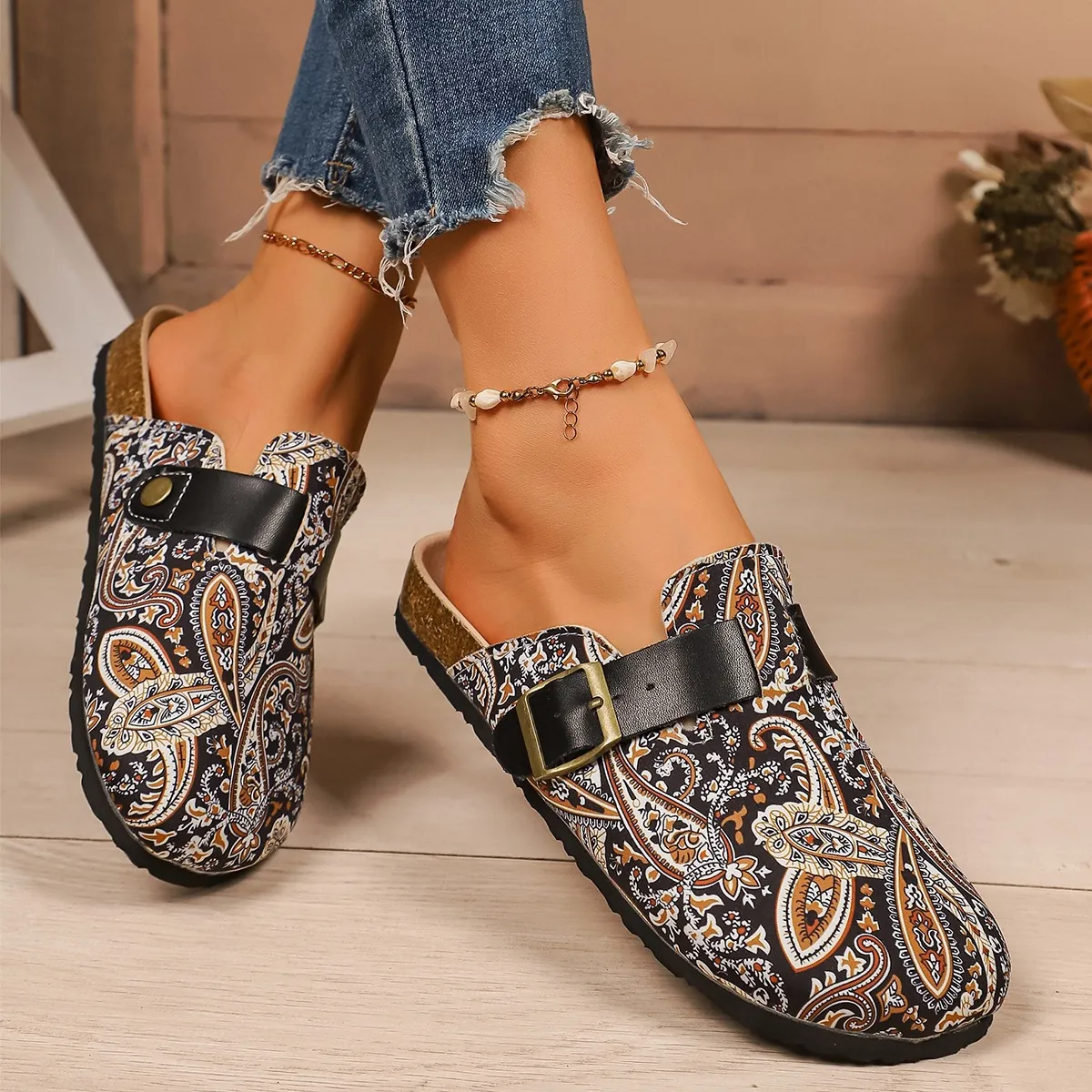 Sabots Imprimés pour Femmes Chaussons Bohème Paisley Mules Plates Boucle Rétro Bout Fermé Chaussures Doublées de Polaire