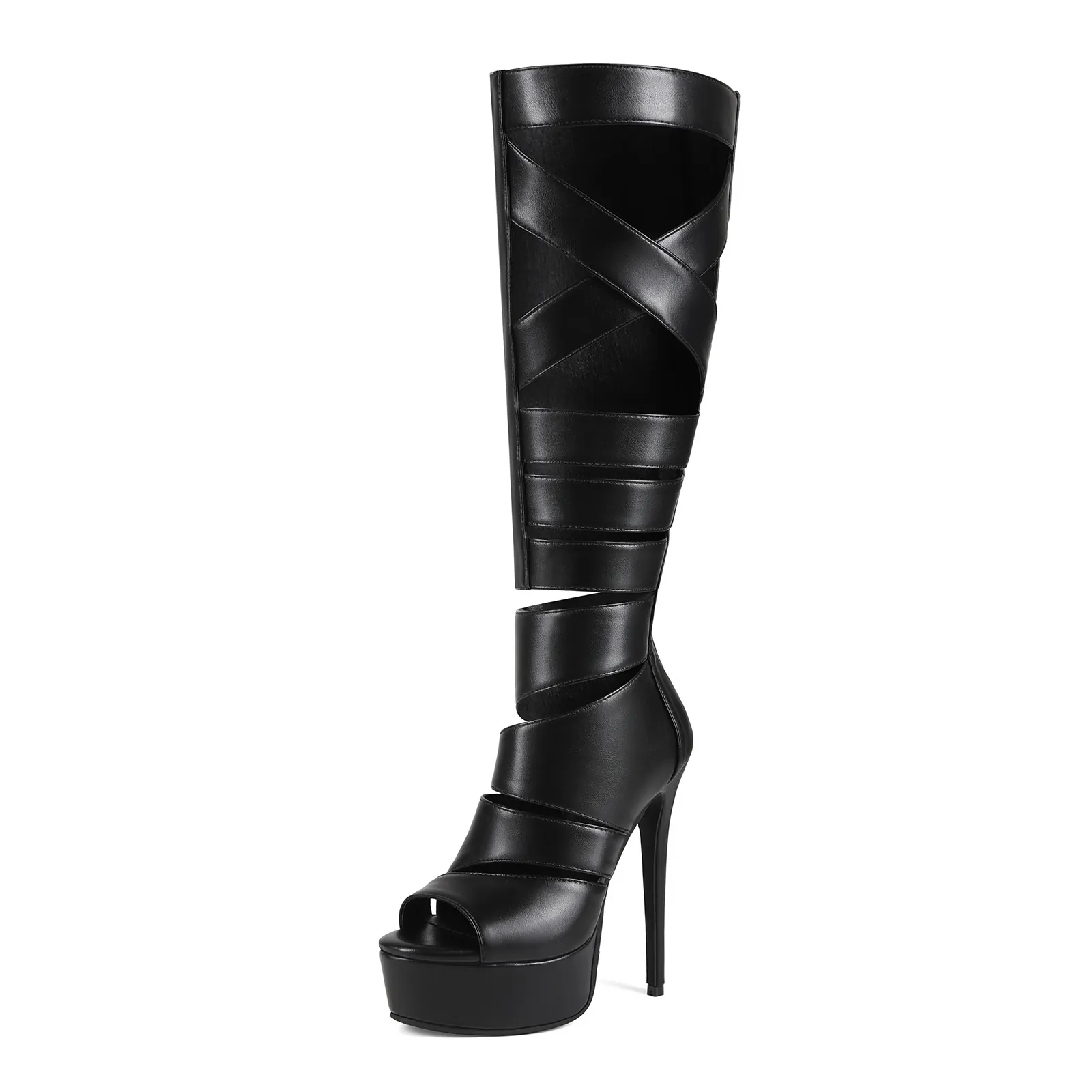 Women Sexy Platform Gladiator Boots Stiletto Ultra High Heel Peep Toe Knee High Hollow Strappy Sandals With Back Zipper Nightclub Stage Performance Shoes