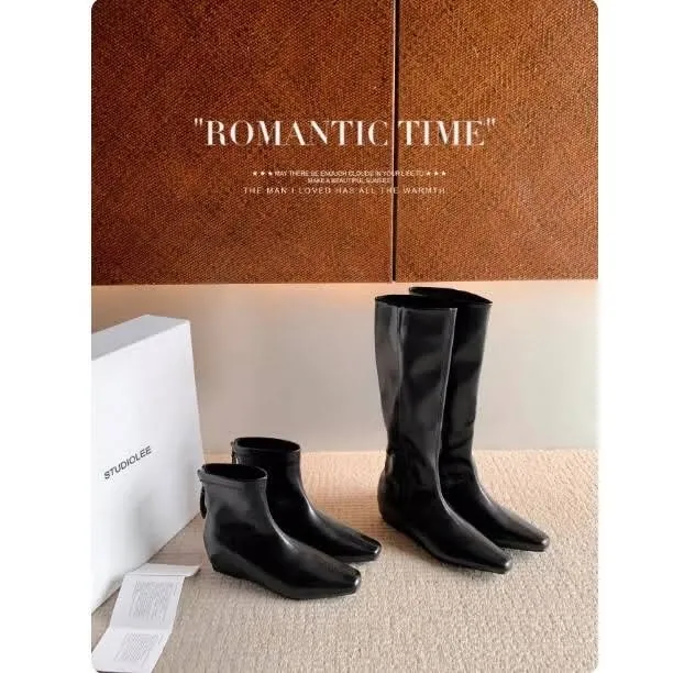 Botas de Cuero Genuino Minimalistas para Mujer Punta Cuadrada Aumento Interno Cremallera Trasera Botines de Media Caña Zapatos de Otoño Invierno