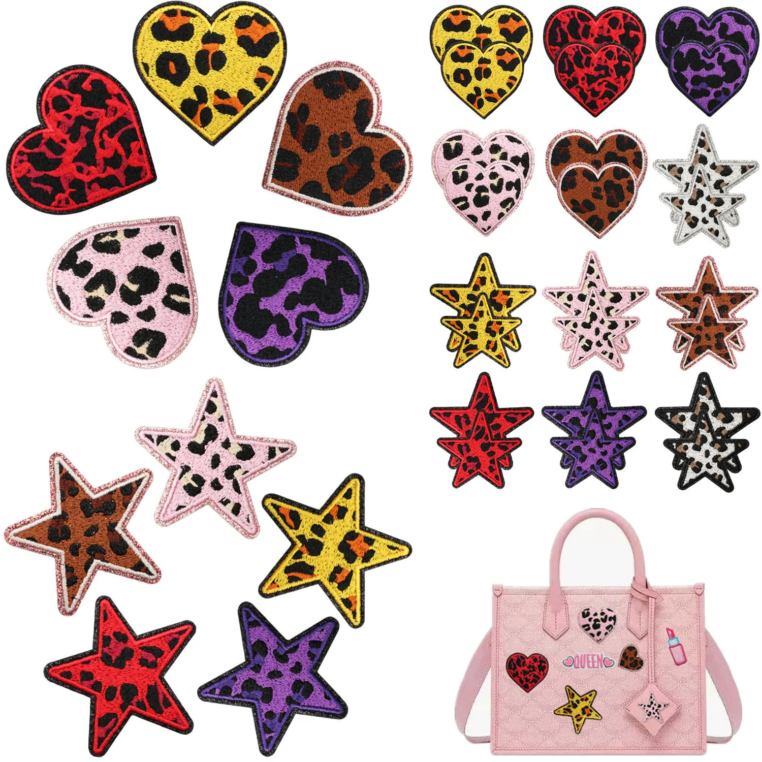 Leopard Print Heart Star Embroidery Patches Glitter Edge Sew On Decorative Appliques For Clothing Bags DIY Repair