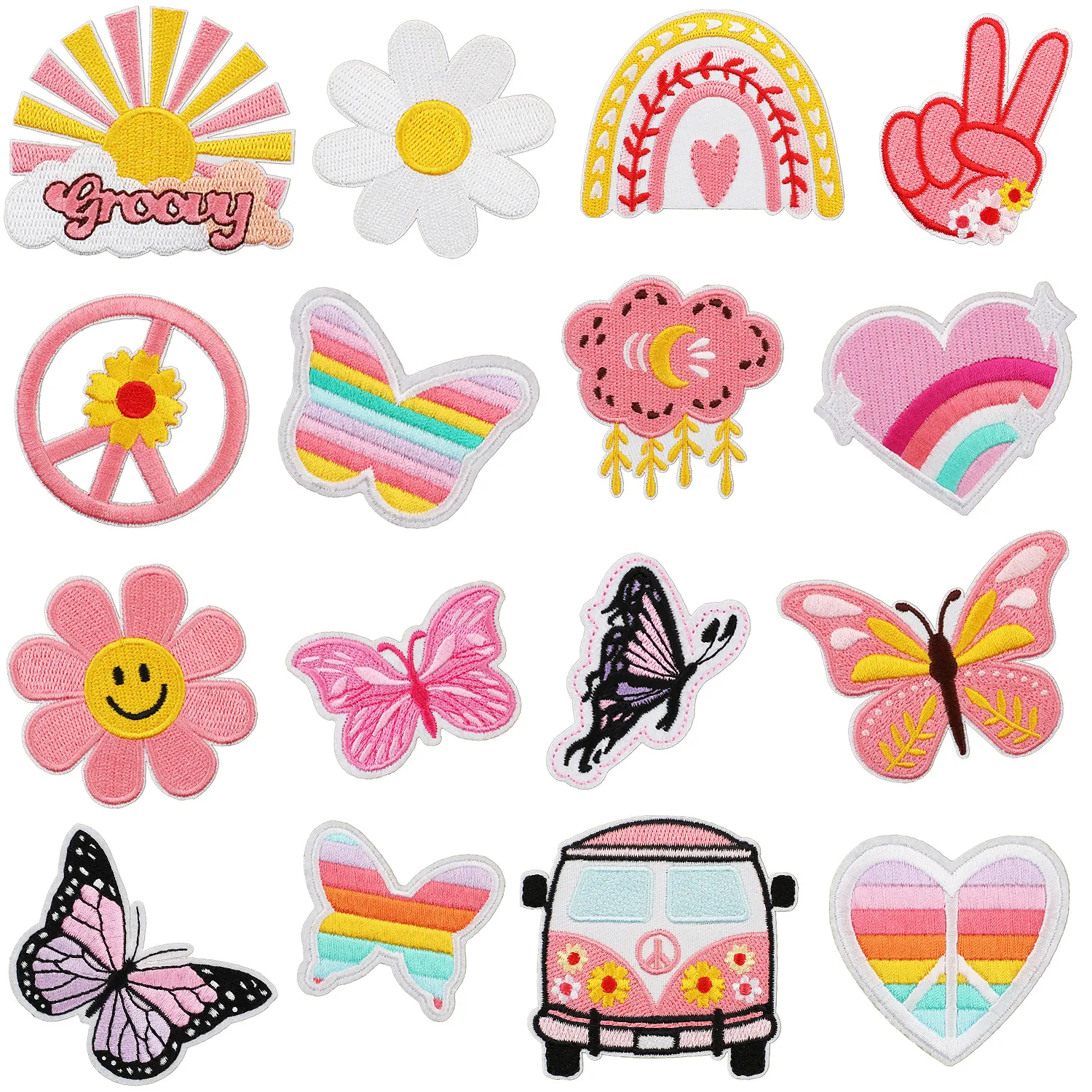 Cartoon Bus Butterfly Rainbow Heart Embroidered Patches For Clothing DIY Iron On Decorative Embroidered Apparel Repair Patches