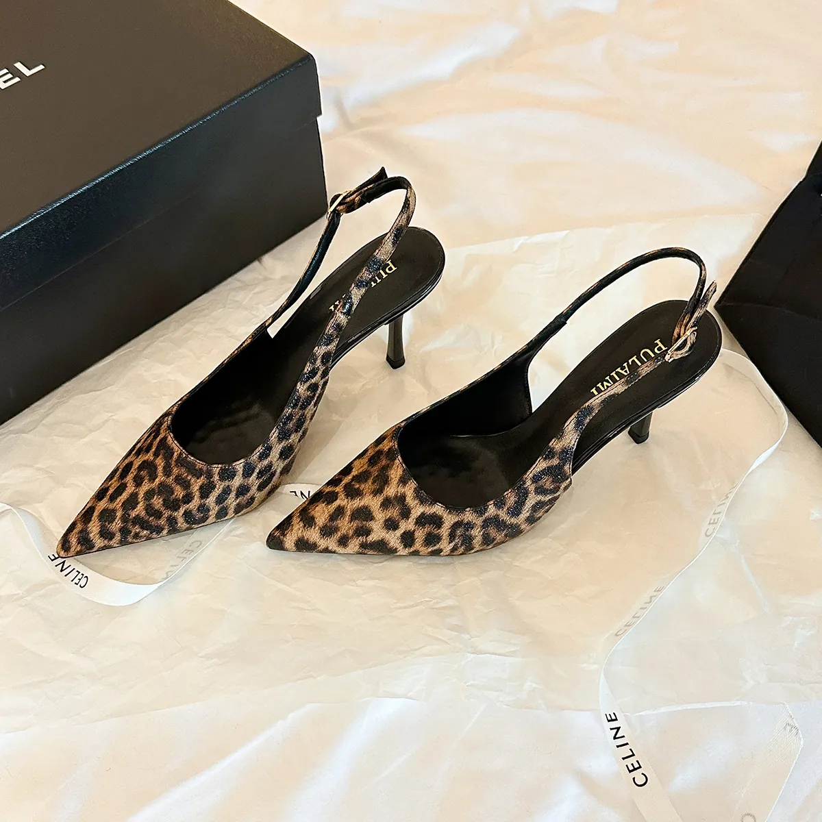 Escarpins Slingback Sexys à Talons Aiguilles Imprimé Léopard Bout Pointu pour Femmes en Cuir PU Chaussures de Soirée Mode