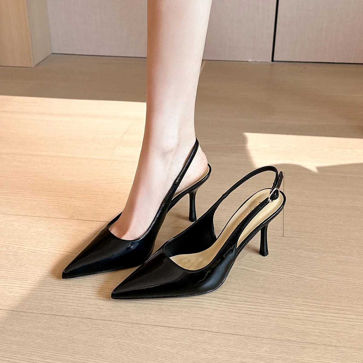 Women Patent Leather Slingback Pumps Pointed Toe Stiletto High Heels Elegant Black Nude Office Party Wedding Dress Shoes