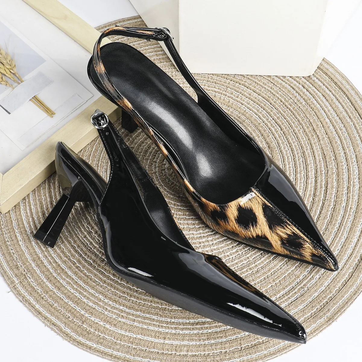 Women Vintage Leopard Print Pointed Toe Slingback High Heels European Fashion Patent PU Leather Office Party Sandals Single Shoes