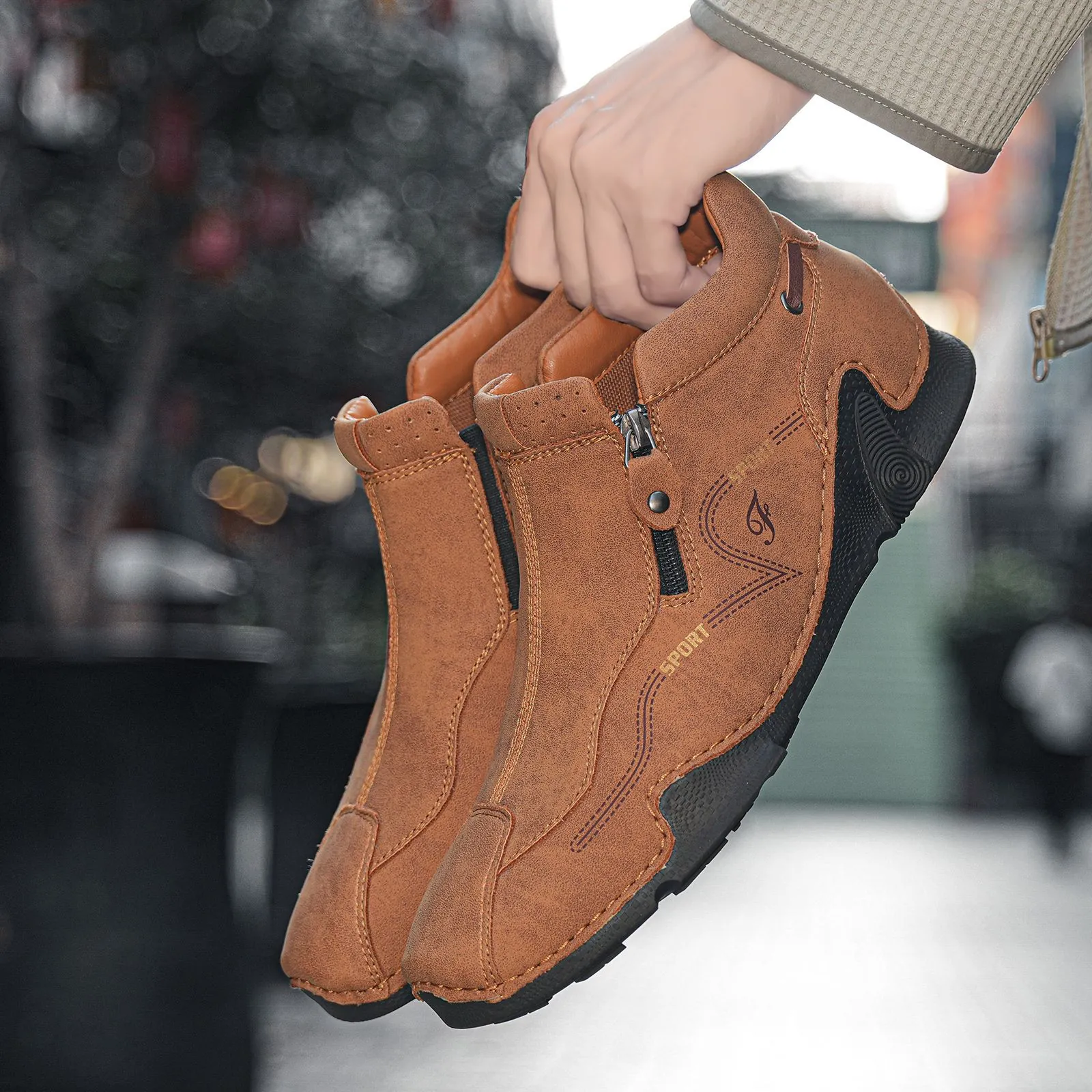 Men High Top Casual Shoes Fashion Sporty Sneakers Microfiber Leather Side Zipper Stitched Rubber Sole British Style