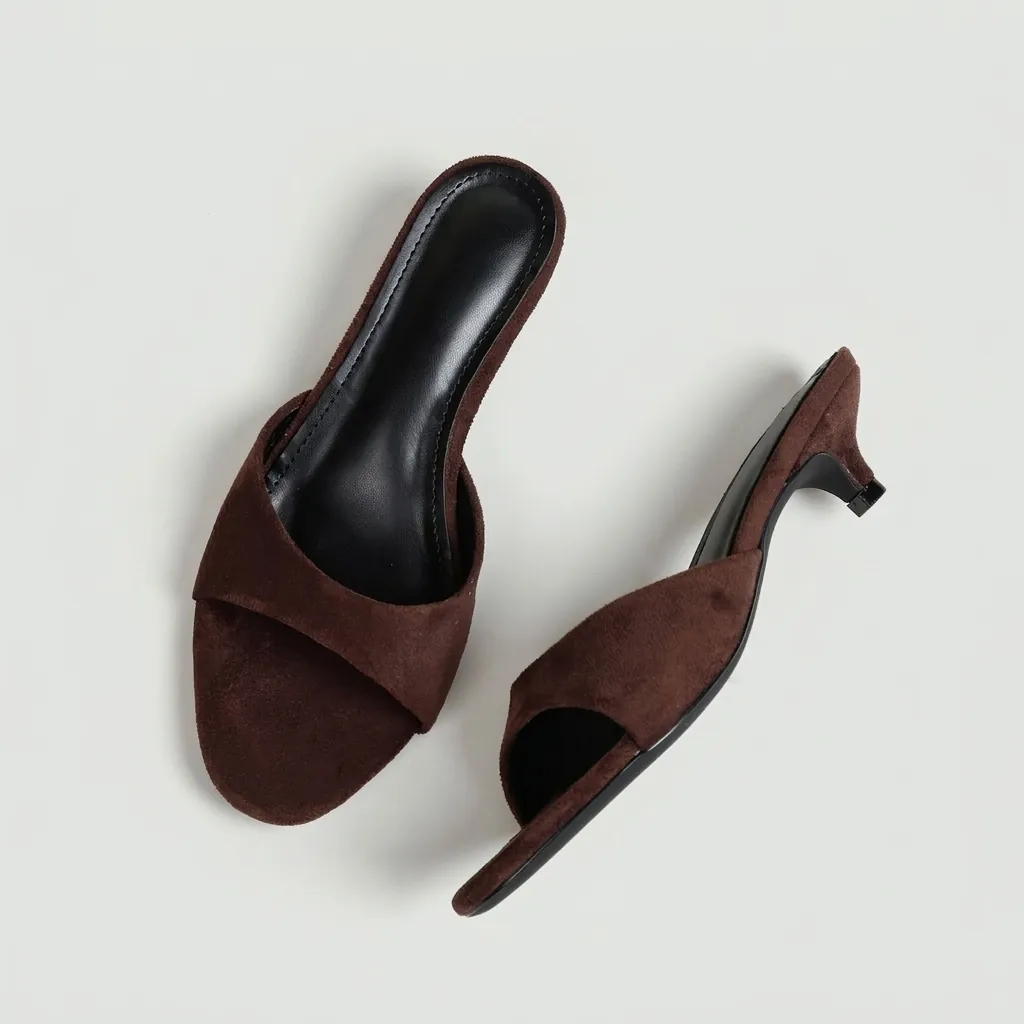 Chanclas de Tacón Medio con Punta Abierta de Estilo Francés para Mujer de Gamuza Piel de Vaca Tacón de Gatito Elegantes Mules Casuales Sandalias de Verano Zapatos de Moda