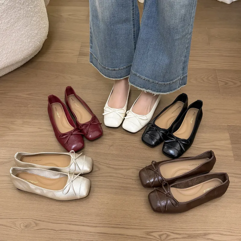 French Style Bow Ballet Flats For Women Flat Square Toe Shallow Mouth Slip-on Soft Microfiber Leather Anti-slip Shoes