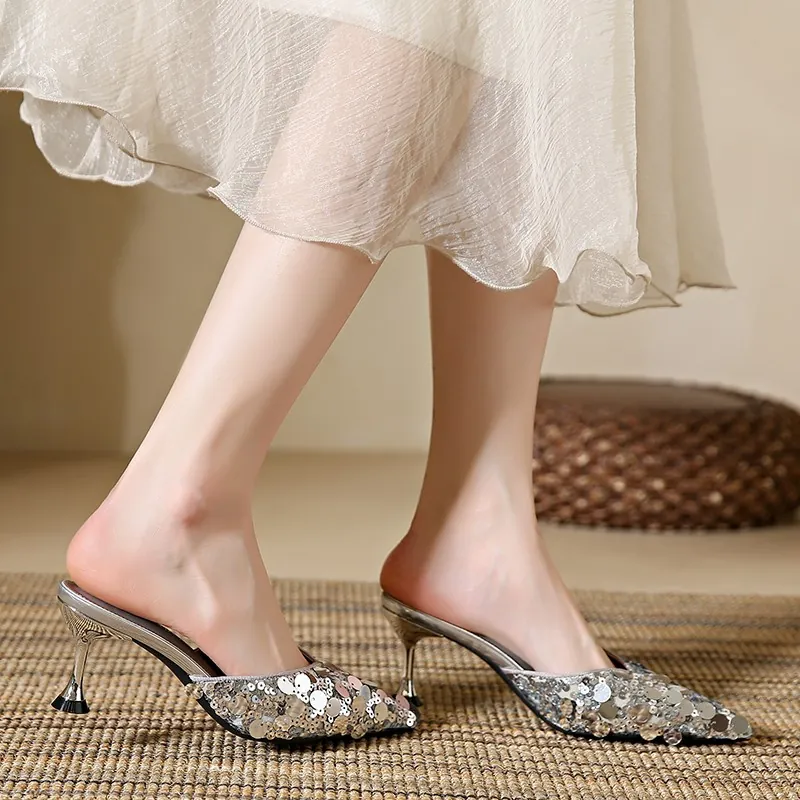Women's Sequin Pointed Toe Kitten Heel Mules Elegant Sparkly Slip-on Dress Shoes Fashion Mules Slippers For Party Daily Wear