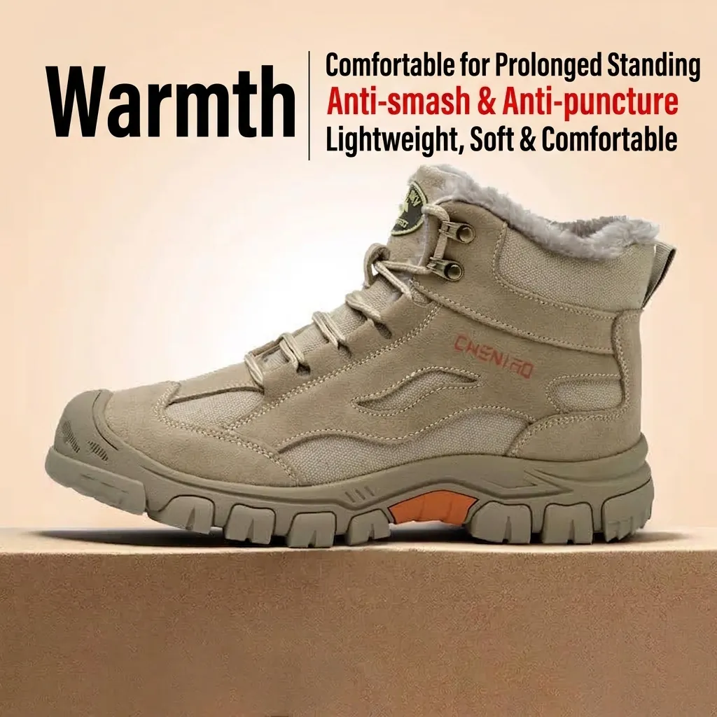 Men's Safety Work Shoes Anti-Smashing Anti-Puncture 6KV Insulation Suede Leather Canvas Lightweight Breathable Winter Warm Fur Lined Boots