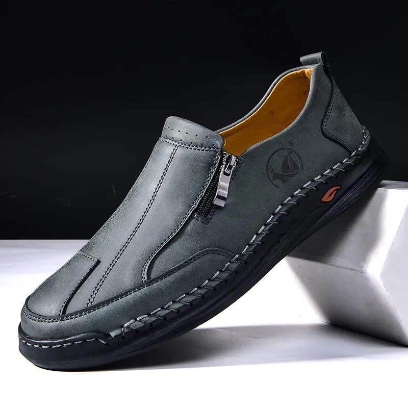 Men's Large Size Casual Leather Shoes 2025 Hand-Stitched Microfiber Sneakers With Side Zipper Non-Slip Rubber Sole Fashion Board Shoes