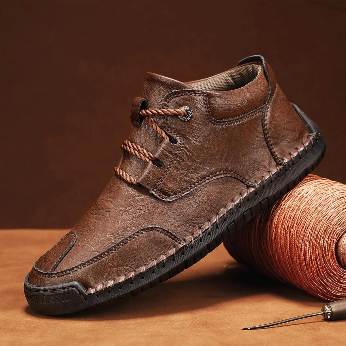 Men Martin Boots Microfiber Leather Short Boots Fleece Lined Non-Slip Rubber Sole Casual Outdoor Shoes Hand Stitched Footwear
